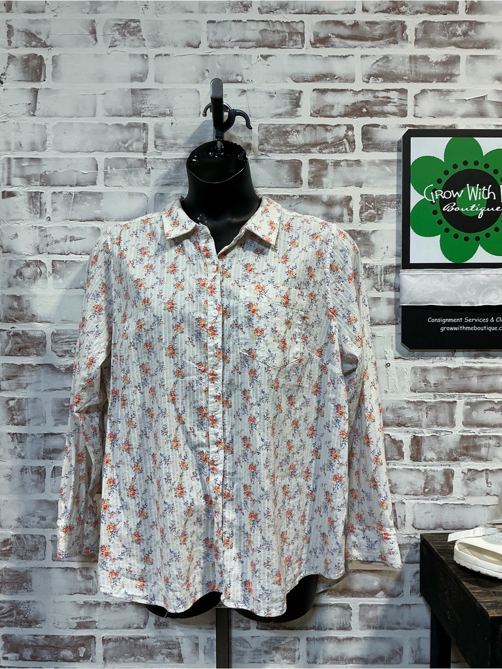 Button-Down Floral Shirt - White with Orange & Blue Flowers